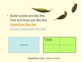 Bullet points are like this  Text and lines are like this Hyperlinks like this Visited hyperlinks like this Text box PowerPoint  styles, tables and links Table 