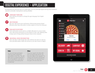 DIGITAL EXPERIENCE - APPLICATION
By expanding and improving upon our mobile apps, Pizza Hut will make digital ordering more convenient
and more accessible, making phone ordering obsolete.
Hulu
Our new and improved digital
ordering system will also be
accessible on Hulu Plus. This will
allow users to respond directly to
ads on the platform, and order a
pizza without interrupting their
tv-watching.
Xbox
Pizza Hut’s app for the Xbox 360
was successful upon launch, but
has since fallen to the wayside. To
continue this lucrative partnership,
we will import the improved Pizza
Hut app to the new Xbox One.
9:45 AMiPad3
GIFTCARDS
MYWALLET
INBOX
PREVIOUS ORDERS
NEARBYDEALS
MYFAVORITES
MYPIZZAHUT
CARRYOUT
DINE-IN MYUSUAL
LOGIN OR CREATEANACCOUNT
DELIVERY
ViewClose
Pizza Hut
Your pizza is on the way!
LANGUAGE TOGGLING
Users will have the option to change the app’s language from English
to Spanish.
GEO-FENCING
App users will receive push notifications offering them location-based
discounts when they come within a certain range of a Pizza Hut restaurant.
PUSH NOTIFICATIONS
Push notifications can be used as a simpler alternative to a pizza tracker.
Users will receive notifications on the progress of their order, allowing them
to keep track of things without having to stare at their computer.
UNIVERSAL VOICE RECOGNITION
Users who like to talk through their order will have the option to order by
voice and will be able to tailor this function to suit their accent or dialect.
28
27
Bake
Team 151 | Plans Book
13
 