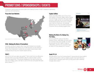 PROMOTIONS / SPONSORSHIPS / EVENTS
143
142
157
130
146
Dallas
Atlanta
Kansas City
Chicago
Houston
Promotions, sponsorships and events build on the “Making the Most of NOW” campaign by generating
awareness and creating buzz.
Sophia Selfies
Sophia look-alikes will be sent to Pizza Hut’s
core markets in Houston, Dallas, Atlanta, Kansas
City and Chicago. Consumers who spot Sophia
and post a selfie with her on social media with
#makingthemostofnow will receive an online
order code for a free pizza. This will help
generate buzz for Pizza Hut while incentivizing
consumers who are already engaged online.
Making the Most of a Galaxy Far,
Far Away…
Pizza Hut will offer exclusive Star Wars:
Episode VII toys, collectables and menu items
for customers who order digitally. Star Wars
has grossed over $12.1 billion in sales of
collectables, and Pizza Hut consumers have
an index of 179 for viewing Sci-Fi movies.40
Pizza Hut Core Markets
Markets represent 9% of U.S and 14% of PH Stores
5m
Juanjo246 You are in the Dallas Cowboy Stadium
Sophiaforfun Find me if you can. #Findme
#rewards #stadium? #fun #sophia
Sophiaforfun
VISA- Making the Most of Everywhere
Customers who pay for digital orders using VISA Checkout can instantly
win an all-expenses-paid culinary tour of Italy and parts of Latin America.
These “Flavor Adventures” combine the core values of both brands, while
simultaneously driving users towards digital ordering.
Halo 5
44% of Pizza Hut users play video games. That is why Pizza Hut will partner
with Microsoft to give away download codes for exclusive Halo 5 content
with every digital order. The previous installment of the Halo franchise has
sold over 6 million copies, and Halo 5 is one of the most anticipated fall video
game releases.
36
37
41
38, 39
Book IT! 2.0
We will enhance Pizza Hut’s existing Book IT! sponsorship by tying student’s
reading achievements in with our loyalty program. Each point they earn
through Book IT! becomes worth twice as many points when redeemed
through online orders.
5m
Juanjo246YouareintheDallasCowboyStadium
SophiaforfunFindmeifyoucan.#Findme
#rewards#stadium?#fun#sophia
Sophiaforfun
Delivery
Team 151 | Plans Book
18
 