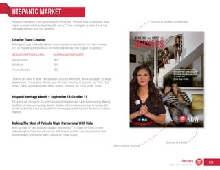 HISPANIC MARKET
Hispanics represent a big opportunity for Pizza Hut. They are fans of the brand, have
higher average tickets and are digitally savvy. Here is our plan to make Pizza Hut
culturally relevant with this audience.
Creative Trans-Creation
Making our copy culturally relevant requires not just translation, but trans-creation.
52% of Hispanics are bicultural and move seamlessly from English to Spanish.
“Making the Most of NOW”, will become “Disfruta el AHORA”, which translates to “enjoy
the moment.” Since click and tap have the same meaning in Spanish, our “Click. Tap.
Order.” call to action becomes “Click. Ordena. Disfruta.”, or “Click. Order. Enjoy”.
Hispanic Heritage Month – September 15-October 15
Pizza Hut will recognize the contributions of Hispanic and Latin Americans by Making
the Most of Hispanic Heritage Month. Sophia will introduce a contest to turn an old
family recipe into a new pizza, with the winning pizza making it on the menu in select
markets.
Making The Most of Pelicula Night Partnership With Hulu
With an index of 246, Hispanic families love movies. To make the most of their
pelicula nights, Pizza Hut will partner with Hulu to provide free access to the Hulu
movie catalog with digital orders placed on Friday nights.
ACCULTURATION LEVEL
Acculturation
Bicultural
Unacculturated
HISPANICS QSR USER
30%
52%
18%
MOVIES
The kids are picking the movie and you
already know what’s coming. Time to order
some variety. Just a tap the Pizza Hut app
and a delicious pizza will be there before
the big sing-a-long.
Click.Tap.Order.
Disfruta el AHORA
Disfruta el AHORA con Peliculas
Click. Ordena. Disfruta.
44
46
45
Delivery
Team 151 | Plans Book
20
 
