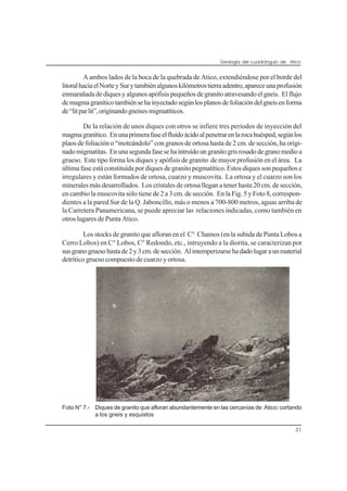 Geología del cuadrángulo de Atico
31
A ambos lados de la boca de la quebrada de Atico, extendiéndose por el borde del
litoralhaciaelNorteySurytambiénalgunoskilómetrostierraadentro,apareceunaprofusión
enmarañadadediquesyalgunosapófisispequeñosdegranitoatravesandoelgneis. Elflujo
demagmagraníticotambiénsehainyectadosegúnlosplanosdefoliacióndelgneisenforma
de“litparlit”,originandogneisesmigmatíticos.
De la relación de unos diques con otros se infiere tres períodos de inyección del
magmagranítico. Enunaprimerafaseelfluídoácidoalpenetrarenlarocahuésped,segúnlos
plaos de foliación o “moteándolo” con granos de ortosa hasta de 2 cm. de sección, ha origi-
nadomigmatitas. Enunasegundafasesehaintruídoungranitogrisrosadodegranomedioa
grueso. Este tipo forma los diques y apófisis de granito de mayor profusión en el área. La
última fase está constituída por diques de granito pegmatítico. Estos diques son pequeños e
irregulares y están formados de ortosa, cuarzo y muscovita. La ortosa y el cuarzo son los
minerales más desarrollados. Los cristales de ortosa llegan a tener hasta 20 cm. de sección,
en cambio la muscovita sólo tiene de 2 a 3 cm. de sección. En la Fig. 5 y Foto 8, correspon-
dientes a la pared Sur de la Q. Jaboncillo, más o menos a 700-800 metros, aguas arriba de
la Carretera Panamericana, se puede apreciar las relaciones indicadas, como también en
otros lugares de Punta Atico.
Los stocks de granito que afloran en el C° Chamos (en la subida de Punta Lobos a
Cerro Lobos) en C° Lobos, C° Redondo, etc., intruyendo a la diorita, se caracterizan por
susgranogruesohastade2y3cm.desección. Alintemperizarsehadadolugaraunmaterial
detrítico grueso compuesto de cuarzo y ortosa.
Foto N° 7.- Diques de granito que afloran abundantemente en las cercanías de Atico; cortando
a los gneis y esquistos
 