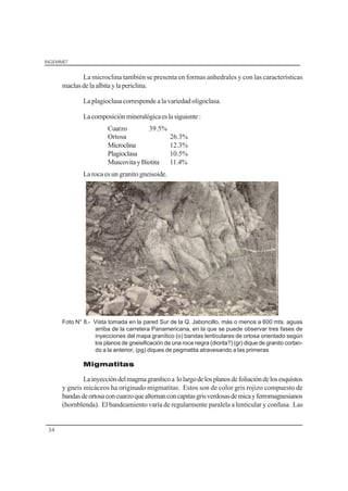 INGEMMET
34
La microclina también se presenta en formas anhedrales y con las características
maclasdelaalbitaylapericlina.
La plagioclasa corresponde a la variedad oligoclasa.
Lacomposiciónmineralógicaeslasiguiente:
Cuarzo 39.5%
Ortosa 26.3%
Microclina 12.3%
Plagioclasa 10.5%
MuscovitayBiotita 11.4%
La roca es un granito gneisoide.
Foto N° 8.- Vista tomada en la pared Sur de la Q. Jaboncillo, más o menos a 600 mts. aguas
arriba de la carretera Panamericana, en la que se puede observar tres fases de
inyecciones del mapa granítico (o) bandas lenticulares de ortosa orientado según
los planos de gneisificación de una roca negra (diorita?) (gr) dique de granito cortan-
do a la anterior, (pg) diques de pegmatita atravesando a las primeras
Migmatitas
Lainyeccióndelmagmagraníticoa lolargodelosplanosdefoliacióndelosesquistos
y gneis micáceos ha originado migmatitas. Estos son de color gris rojizo compuesto de
bandasdeortosaconcuarzoquealternanconcapitasgrisverdosasdemicayferromagnesianos
(hornblenda). El bandeamiento varía de regularmente paralela a lenticular y confusa. Las
 