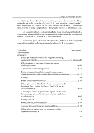Geología del cuadrángulo de Atico
37
rado calcáreo que forma la base de las areniscas Mitu, aparecen calizas macizas fosilíferas
igualesalasqueseobservanenlascabecerasdelaQ.Lobos;tambiénseencuentranenlaQ.
Atico, más o menos a la altura del km. 12.5 de la carretera Atico-Caravelí. La formación
reposa sobre las rocas del Complejo basal y debajo de los clásticos de la Formación Mitu.
Los horizontes calcáreos contienen abundantes fósiles consistentes en fusulínidos,
braquiópodos, corales, crinoideos, etc., cuya determinación indica una edad pensilvaniana
superior. En las areniscas y lutitas no se ha encontrado fósiles.
En las colinas que se hallan en las cabeceras de la Q. Lobos se ha hecho la siguiente
observación acerca de la litología y espesor de la parte inferior de la Formación.
Pensilvaniano Espesor en m.
FormaciónTarma
(parteinferior)
Calizasgrisesarenosasconfusulinasdelgénerotriticitessp.,
parcialmentecubiertas. ................................................................... No determinado
Caliza arenosa gris, areniscas calcáreas con capas de
areniscaspizarrosas ...................................................................................... 60-80
Areniscafina,rojiza,aspectopizarroso .......................................................... 40-50
Lutitasrojizas,conintercalacionesde calizasarenosascon
rodados de cuarcita, calcáreos y abundantes fragmentos angulosos ................ 60-70
Calizagris ......................................................................................................... 5-6
Lutitas arenosas verdosas a rojizas ................................................................ 50-60
Calizasgrises,connódulosde“chert”,tieneintercalacionesde
lutitasamarillasycontieneabundantescrinoideosdesección
circularyspirifersp. ...................................................................................... 10-15
Arenisca gris, verdosa de grano medio, aspecto pizarroso con
lutitas y margas grises en la parte media y hacia el tope lutitas
amarillasyrojizas .......................................................................................... 50-60
Calizagrismaciza..................................................................................................5
Lutitas, arenosas, verdosas a rojizas .............................................................. 50-60
Areniscasfinas,amarillentasarojizashastalutáceas ....................................... 30-40
Calizas grises en capas gruesas con abundantes corales
(zaphrentiscornucopia?) ................................................................................... 5-8
 