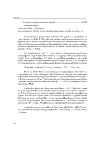 INGEMMET
38
Areniscas brunas de grano grueso a medio .................................................... 60-70
Discordanciaangular
PaleozoicoinferioraPrecámbrico?
Complejo basal de la Costa. Diorita algo gnéisica con diques y stocks de granito rojo
En las colinas que quedan en el lado derecho de la Q. Lobos se superponen a las
capas indicadas alrededor de 500 a 600 m. de areniscas pardas de grano fino a medio, de
aspectopizarroso,intercaladasconlutitasmuydeleznables,quecontienencapitasaisladasde
calizagris. Estasareniscaspasanhaciaarribaprincipalmentealutitasgrisverdosasavioláceas
deestratificaciónfinaquecontieneintercalacionesdelimolitasyareniscasfinasquealcanzan
un espesor de más de 300 m.
En Pampa Blanca, al N del C° Lobos, las lutitas y limonitas están parcialmente
cubiertas por los conglomerados de la Formación Moquegua y los Volcánicos de Chachani.
En la Q. Atico a la altura del km. 12.5, aflora 256 m. de la Formación Tarma, en la base del
Mitu,yestácompuestadeareniscasverdosasapardasdegranomedianoafino,conalgunos
horizontesdeareniscasconglomerádicasycapasdecalizagrisylutitaschocolatefosilíferas.
El espesor de la Formación Tarma se estima entre 1,200 a 1,350 metros.
Edad.- El estudio de los fósiles colectados en las capas de esta formación en las
cabeceras de la Q. Lobos, indican una edad Pensilvaniana Superior. Los especímenes
determinantesestánconstituídosporunamicrofaunadefusulínidosrepresentativosdelgéne-
roTriticites,quecorrespondenalPensilvanianoSuperior. Sinembargoalgunosmacrofósiles
colectados aparentemente en horizontes más bajos (Q. Atico) señalan la presencia del
Pensilvaniano Medio.
Los fusulínidos junto con crinoideos sp., spirifer sps., corales (Zaphrentis cornuco-
pia?), han sido colectados en los horizontes calcáreos y margosos que afloran en las cabece-
ras de la Q. Lobos, mientras que en la sección de la Q . de Atico se ha recogido varias
especies de braquiópodos entre ellos Buxtonia peruviana d’Orbridny, Linoproductos Cora
d’Orbigny, que según Newell, et. al (opl cit) corresponden al Pensilvaniano Medio. Según
ésto la sección que aflora en la Q. Atico, correspondereía al Pensilvaniano Medio y los
afloramientosdelC°Lobos,PampaBlanca,corresponderíanalPensilvanianoSuperior.
Los fusulínidos recogidos en el área de Atico, fueron clasificados en EE.UU. por el
Dr.CardnerWilde,micropaleontólogodelaHumbleOilandRefining C°,ycuyoinformees
elsiguiente:
 