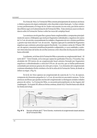 INGEMMET
42
EneláreadeAtico,la FormaciónMituconsisteprincipamentedeareniscasarcósicas
yclásticosgruesosdeorigencontinental,colorchocolatearojizohastagris. Lafasevolcáni-
ca muy predominante a lo largo de los Andes está ausente en esta zona, por dicho motivo
describimosaquíconladenominacióndeFormaciónMitu. Estasareniscasyacenendiscor-
dancia sobre la Formación Tarma o sobre las rocas del complejo basal.
Lasareniscassondegranfinoagruesohastaconglomerádico,compuestasprincipal-
mentedecuarzoyfeldespatosque incluyenfragmentosredondeadosyangulososde cuarzo
de2a3cm.desección;ocasionalmentelosrodadosyfragmentosderocavolcánicaporfirítica
y granito rojo tiene más de 5 cm. de sección. Algunas capas por la cantidad de fragmentos
angulosos que contienen, presentan aspecto brechoide. Los estratos varían de 10 hasta 100
cm.deespesorymuestranestratificaciónparalelaasubparalelayavecesonduladaycontie-
nen intercalaciones de lechos de arcillas arenosas color chocolate de disyunción astillosa
hastaesferoidal.
Localmente,enlabasedelaFormaciónMitusepresentaunconglomeradobasal. Al
norte del C° Torre Grande, en la zona que separa las quebradas Chocón y Vizcachas, hay
alrededor de 250 metros de un conglomerado basal calcáreo formado por fragmentos
angulosos a subredondeados a caliza de 0.50 cm. de sección, que se hallan pobremente
cementados por areniscas gruesas de color gris a rojizo. Los elementos del conglomerado
contienenabundantesfósilessimilaresalosdelacalizadelaFormaciónTarma,dedondese
infieresuorigen. (Fig.6).
En la Q. de Atico aparece un conglomerado de cuarcita de 2 a 3 m. de espesor,
compuesto de elementos pequeños (a 1 a 5 cm. de sección) en una matriz arenosa. En las
areniscas arcillosas que quedan encima del conglomerado se distinguen aislados rodados
gruesos de caliza. La Formación Mitu, se encuentra principalmente en dos lugares del
cuadrángulo. EnlaparteSEafloraenformacontínua,desdelaQ.Choclónhastamásalláde
loslímitesdelahoja.
Fig. N° 6 Sección al Norte del C° Torre Grande, mostrando el conglomerado basal calcáreo
de la Formación Mitu
 