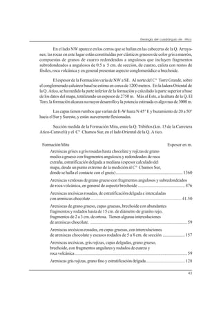 Geología del cuadrángulo de Atico
43
En el lado NW aparece en los cerros que se hallan en las cabeceras de la Q. Arraya-
nes; las rocas en este lugar están constituídas por clásticos gruesos de color gris a marrón,
compuestas de granos de cuarzo redondeados a angulosos que incluyen fragmentos
subredondeados a angulosos de 0.5 a 5 cm. de sección, de cuarzo, caliza con restos de
fósiles, roca volcánica y en general presentan aspecto conglomerádico a brechoide.
El espesor de la Formación varía de NW a SE. Al norte del C° Torre Grande, sobre
el conglomerado calcáreo basal se estima en cerca de 1200 metros. En la ladera Oriental de
la Q.Atico,sehamedidolaparteinferiordelaformaciónycalculadolapartesuperiorabase
de los datos del mapa, totalizando un espesor de 2750 m. Más al Este, a la altura de la Q. El
Toro,laformaciónalcanzasumayordesarrolloylapotenciaestimadaesalgomasde3000m.
LascapastienenrumbosquevaríandeE-WhastaN45°Eybuzamientode20a50°
hacia el Sur y Sureste, y están suavemente flexionadas.
Sección medida de la Formación Mitu, entre la Q. Tribiños (km. 13 de la Carretera
Atico-Caravelí) y el C° Chamos Sur, en el lado Oriental de la Q. A tico.
FormaciónMitu Espesor en m.
Areniscas grises a gris rosadas hasta chocolate y rojizas de grano
medio a grueso con fragmentos angulosos y redondeados de roca
extraña, estratificación delgada a mediana (espesor calculado del
mapa, desde un punto extremo de la medición al C° Chamos Sur,
donde se halla el contacto con el gneis)............................................................1360
Areniscas verdosas de grano grueso con fragmentos angulosos y subredondeados
de roca volcánica, en general de aspecto brechoide ...........................................476
Areniscas arcósicas rosadas, de estratificación delgada e intercaladas
con areniscas chocolate..................................................................................41.50
Areniscas de grano grueso, capas gruesas, brechoide con abundantes
fragmentos y rodados hasta de 15 cm. de diámetro de granito rojo,
fragmentos de 2 a 3 cm. de ortosa. Tienen algunas intercalaciones
de areniscas chocolate. .......................................................................................59
Areniscas arcósicas rosadas, en capas gruesas, con intercalaciones
de areniscas chocolate y escasos rodados de 5 a 8 cm. de sección ....................157
Areniscas arcósicas, gris rojizas, capas delgadas, grano grueso,
brechoide, con fragmentos angulares y rodados de cuarzo y
rocavolcánica.....................................................................................................59
Areniscasgrisrojizas,granofinoyestratificacióndelgada...................................128
 