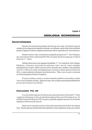 59
Capítulo V
GEOLOGIA ECONOMICA
Generalidades
Durante el levantamiento geológico del área que nos ocupa, se ha puesto especial
cuidadoalainvestigaciónpordepósitosminerales,sinembargo,nuestroafánnofuejustificado
porquenollegamosaobservarningúnyacimientoqueofrezcaexpectativasdevaloreconómico.
Durantenuestrosviajes,examinamosunpequeñoprospectoenC° TorreChiquitay
una concesión por fierro, denominada Pío XII, en la parte alta de la escarpa que se halla al
Oeste del C° Lobos.
Tambiénobservamosenlassiguienteslocalidades: C° La CueñaRosa,TorreChiquita,
Bandurria y Arrayanes, la presencia de numerosas vetas y ojos de cuarzo encajadas
principalmenteenelgneis. Dichasvetassoncortasydeanchosmuyvariables,sehanregistrado
vetas de 5 a 100 cm. de ancho con longitudes que van de pocos metros hasta un máximo de
40 m., excepcionalmente sobrepasan estas dimensiones. Otras veces el cuarzo se presenta
en forma de pequeños bolsones irregulares.
El cuarzo es blanco, macizo y no tiene minerales metálicos reconocibles a simple
vista,niconlaayudadeunalupa. Algunasdeestasvetassehallanmuestreadasprobablemente
por oro, pero al parecer son estériles.
Concesión Pío XII
Con este nombre aparecen los hitos de una concesión minera al Oeste del C° Lobos
y según nos informaron en Atico, ha sido denunciada por fierro, por el Sr. Enrique Laos. En
elPadrónGeneraldeMinasde1959,nopareceregistradaningunaconcesiónconelnombre
indicadoenlaProvinciadeCaravelí.
Dentro de la concesión no hemos observado mineralización de fierro de ninguna
clase. NuestroguíaquetambiénhabíadesempeñadoelmismopapelparaelIng.queexaminó
 