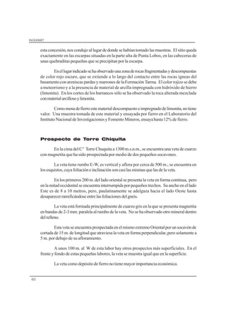 INGEMMET
60
estaconcesión,noscondujoallugardedondesehabíantomadolasmuestras. Elsitioqueda
exactamente en las escarpas situadas en la parte alta de Punta Lobos, en las cabeceras de
unas quebraditas pequeñas que se precipitan por la escarpa.
Enellugarindicadosehaobservadounazonaderocasfragmentadasydescompuestas
de color rojo oscuro, que se extiende a lo largo del contacto entre las rocas ígneas del
basamento con areniscas pardas y marrones de la Formación Tarma. El color rojizo se debe
a meteorismo y a la presencia de material de arcilla impregnada con hidróxido de hierro
(limonita). En los cortes de los barrancos sólo se ha observado la roca alterada mezclada
conmaterialarcillosoylimonita.
Comomenadefierroestematerialdescompuestoeimpregnadodelimonita,notiene
valor. Una muestra tomada de este material y ensayada por fierro en el Laboratorio del
Instituto Nacional de Investigaciones y Fomento Mineros, ensaya hasta 12% de fierro.
Prospecto de Torre Chiquita
En la cima del C° Torre Chuquita a 1300 m.s.n.m., se encuentra una veta de cuarzo
con magnetita que ha sido prospectada por medio de dos pequeños socavones.
La veta tiene rumbo E-W, es vertical y aflora por cerca de 500 m.; se encuentra en
losesquistos,cuyafoliacióneinclinaciónsoncasilasmismasquelasdelaveta.
En los primeros 200 m. del lado oriental se presenta la veta en forma contínua, pero
en la mitad occidental se encuentra interrumpida por pequeños trechos. Su ancho en el lado
Este es de 8 a 10 metros, pero, paulatinamente se adelgaza hacia el lado Oeste hasta
desaparecerramificándoseentrelasfoliacionesdelgneis.
La veta está formada principalmente de cuarzo gris en la que se presenta magnetita
en bandas de 2-3 mm. paralela al rumbo de la veta. No se ha observado otro mineral dentro
delrelleno.
EstavetaseencuentraprospectadaenelmismoextremoOrientalporunsocavónde
cortada de 15 m. de longitud que atraviesa la veta en forma perpendicular, pero solamente a
5 m. por debajo de su afloramiento.
A unos 100 m. al W de esta labor hay otros prospectos más superficiales. En el
frente y fondo de estas pequeñas labores, la veta se muestra igual que en la superficie.
La veta como depósito de fierro no tiene mayor importancia económica.
 