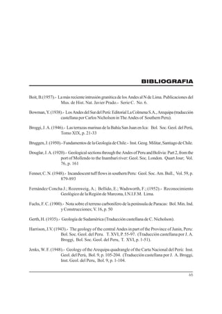 65
BIBLIOGRAFIA
Boit, B.(1957).- La más reciente intrusión granítica de los Andes al N de Lima. Publicaciones del
Mus. de Hist. Nat. Javier Prado.- Serie C. No. 6.
Bowman,Y.(1938).- LosAndesdelSurdelPerú:EditorialLaColmenaS.A.,Arequipa(traducción
castellana por Carlos Nicholson in The Andes of Southern Peru).
Broggi, J. A. (1946).- Las terrazas marinas de la Bahía San Juan en Ica: Bol. Soc. Geol. del Perú,
Tomo XIX, p. 21-33
Bruggen,J.(1950).-FundamentosdelaGeologíadeChile.- Inst.Geog.Militar,SantiagodeChile.
Douglar,J.A.(1920).- GeologicalsectionsthroughtheAndesofPeruandBolivia:Part2,fromthe
port of Mollendo to the Inambari river: Geol. Soc. London. Quart Jour; Vol.
76, p. 161
Fenner, C. N. (1948).- Incandescent tuff flows in southern Peru: Geol. Soc. Am. Bull., Vol. 59, p.
879-893
Fernández Concha J.; Rozenweig, A.; Bellido, E.; Wadsworth, F.; (1952).- Reconocimiento
Geológico de la Región de Marcona, I.N.I.F.M. Lima.
Fuchs, F. C. (1900).- Nota sobre el terreno carbonífero de la península de Paracas: Bol. Min. Ind.
y Construcciones; V. 16, p. 50
Gerth, H. (1935).- Geología de Sudamérica (Traducción castellana de C. Nicholson).
Harrison, J.V. (1943).- The geology of the central Andes in part of the Province of Junin, Peru:
Bol. Soc. Geol. del Peru. T. XVI, P. 55-97. (Traducción castellana por J. A.
Broggi, Bol. Soc. Geol. del Peru, T. XVI, p. 1-51).
Jenks, W. F. (1948).- Geology of the Arequipa quadrangle of the Carta Nacional del Perú: Inst.
Geol. del Perú, Bol. 9, p. 105-204. (Traducción castellana por J. A. Broggi,
Inst. Geol. del Peru, Bol. 9, p. 1-104.
 