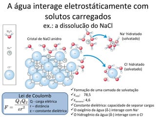A água interage eletrostáticamente com
           solutos carregados
                ex.: a dissolução do NaCl
                                                                Na+ hidratado
      Cristal de NaCl anidro                                     (solvatado)




                                                                  Cl- hidratado
                                                                  (solvatado)




                                  Formação de uma camada de solvatação
   Lei de Coulomb                 εH20: 78,5
       Q - carga elétrica         εbenzeno: 4,6
       r – distância              Constante dielétrica: capacidade de separar cargas
       ε – constante dielétrica   O oxigênio da água (δ-) interage com Na+
                                  O hidrogênio da água (δ-) interage com o Cl-
 