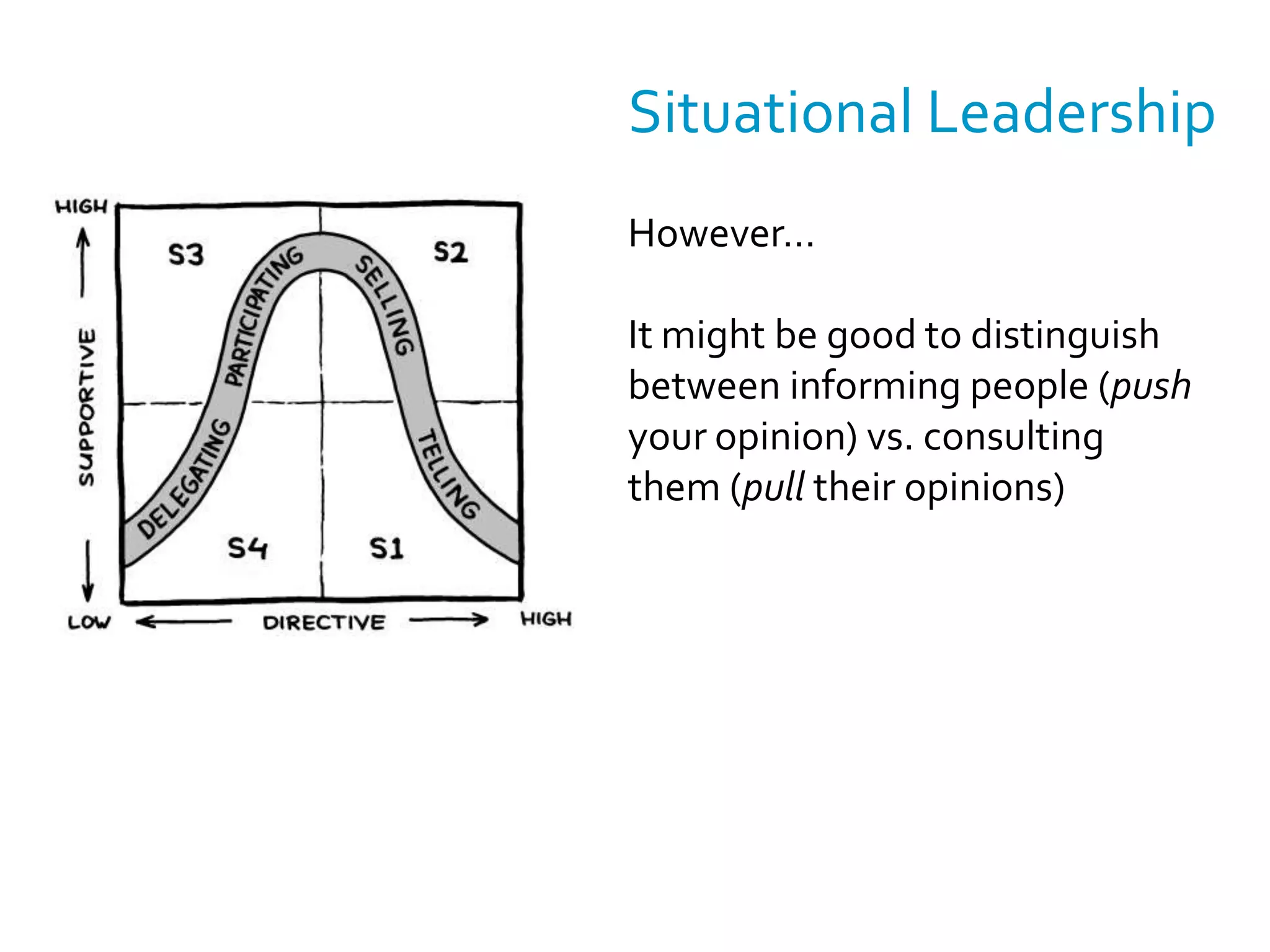 Situational LeadershipFour different “leadership styles”TellingSellingParticipatingDelegationWork your way to level 4http://en.wikipedia.org/wiki/Situational_leadership_theory