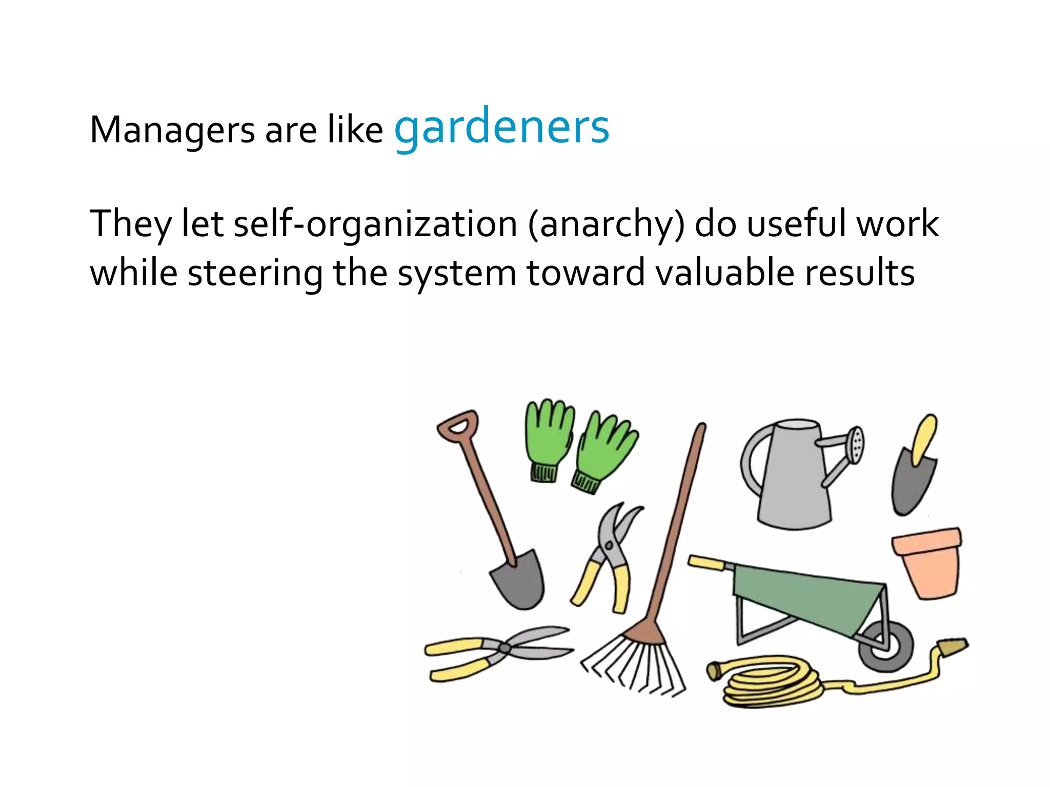 managementself-organizationself-organizationis often complex, not chaoticSometimes it needs a littlemanagement