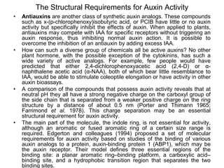 The Structural Requirements for Auxin Activity
• Antiauxins are another class of synthetic auxin analogs. These compounds
such as x-(p-chlorophenoxy)isobutyric acid, or PCIB have little or no auxin
activity but specifically inhibit the effects of auxin. When applied to plants,
antiauxins may compete with IAA for specific receptors without triggering an
auxin response, thus inhibiting normal auxin action. It is possible to
overcome the inhibition of an antiauxin by adding excess IAA.
• How can such a diverse group of chemicals all be active auxins? No other
plant hormone, with the possible exception of the cytokinins, has such a
wide variety of active analogs. For example, few people would have
predicted that either 2,4-dichlorophenoxyacetic acid (2,4-D) or α-
naphthalene acetic acid (α-NAA), both of which bear little resemblance to
IAA, would be able to stimulate coleoptile elongation or have activity in other
auxin bioassays.
• A comparison of the compounds that possess auxin activity reveals that at
neutral pH they all have a strong negative charge on the carboxyl group of
the side chain that is separated from a weaker positive charge on the ring
structure by a distance of about 0.5 nm (Porter and Thimann 1965;
Farrimond et al. 1978). This charge separation may be an essential
structural requirement for auxin activity.
• The main part of the molecule, the indole ring, is not essential for activity,
although an aromatic or fused aromatic ring of a certain size range is
required. Edgerton and colleagues (1994) proposed a set of molecular
requirements for auxin activity based on studies of the binding of various
auxin analogs to a protein, auxin-binding protein 1 (ABP1), which may be
the auxin receptor. Their model defines three essential regions of the
binding site: a planar aromatic ring–binding platform, a carboxylic acid–
binding site, and a hydrophobic transition region that separates the two
binding sites.
 