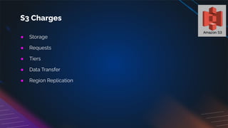 ● Storage
● Requests
● Tiers
● Data Transfer
● Region Replication
S3 Charges
 