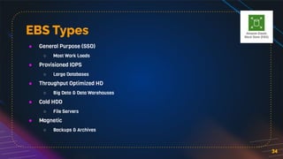 EBS Types
34
● General Purpose (SSD)
○ Most Work Loads
● Provisioned IOPS
○ Large Databases
● Throughput Optimized HD
○ Big Data & Data Warehouses
● Cold HDD
○ File Servers
● Magnetic
○ Backups & Archives
 