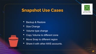 Snapshot Use Cases
36
• Backup & Restore
• Size Change
• Volume type change
• Copy Volume to different zone
• Move Snap to different region
• Share it with other AWS accounts.
 