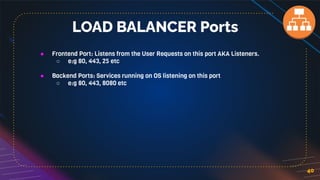 40
LOAD BALANCER Ports
● Frontend Port: Listens from the User Requests on this port AKA Listeners.
○ e:g 80, 443, 25 etc
● Backend Ports: Services running on OS listening on this port
○ e:g 80, 443, 8080 etc
 
