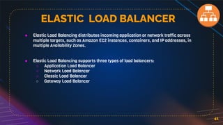 41
ELASTIC LOAD BALANCER
● Elastic Load Balancing distributes incoming application or network traffic across
multiple targets, such as Amazon EC2 instances, containers, and IP addresses, in
multiple Availability Zones.
● Elastic Load Balancing supports three types of load balancers:
○ Application Load Balancer
○ Network Load Balancer
○ Classic Load Balancer
○ Gateway Load Balancer
 