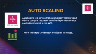 AUTO SCALING
Auto Scaling is a service that automatically monitors and
adjusts compute resources to maintain performance for
applications hosted in the AWS.
53
Alarm monitors CloudWatch metrics for Instances.
 
