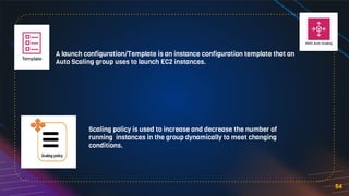 54
Scaling policy is used to increase and decrease the number of
running instances in the group dynamically to meet changing
conditions.
A launch configuration/Template is an instance configuration template that an
Auto Scaling group uses to launch EC2 instances.
 