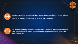 75
Network Address Translation (NAT) gateway to enable instances in a private
subnet to connect to the internet or other AWS services.
An internet gateway is a horizontally scaled, redundant, and highly available
VPC component that allows communication between instances in your VPC
and the internet.
 