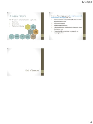 1/4/2013
4
3. Supply Factors
The three main components of the supply side:
a. Resources
b. Government
c. The tourism industry Tour
Operator
Natural
Lodging
Food &
Beverage
Cultural
Tourism
Malaysia
Travel
Associations
Transport
Local
Community
In terms of planning purposes, the major components
that comprise the supply side are;
a. Various mode of transportation & other tourism-
related infrastructure
b. Tourist information
c. Marketing & promotion
d. The community or communities within the visitor
destination area
e. The political & institutional frameworks for
enabling tourism
End of Lecture
 