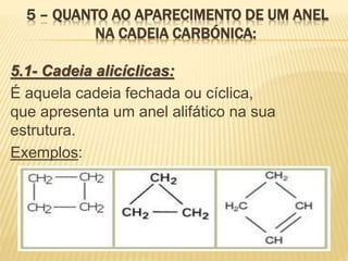 5 – QUANTO AO APARECIMENTO DE UM ANEL
NA CADEIA CARBÓNICA:
5.1- Cadeia alicíclicas:
É aquela cadeia fechada ou cíclica,
que apresenta um anel alifático na sua
estrutura.
Exemplos:
 