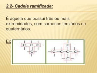 2.2- Cadeia ramificada:
É aquela que possui três ou mais
extremidades, com carbonos terciários ou
quaternários.
Exemplos:
 