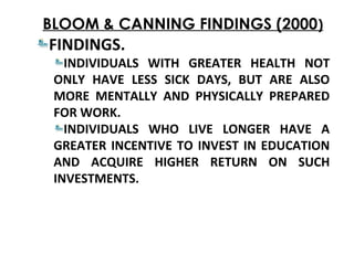BLOOM & CANNING FINDINGS (2000)
FINDINGS.
INDIVIDUALS WITH GREATER HEALTH NOT
ONLY HAVE LESS SICK DAYS, BUT ARE ALSO
MORE MENTALLY AND PHYSICALLY PREPARED
FOR WORK.
INDIVIDUALS WHO LIVE LONGER HAVE A
GREATER INCENTIVE TO INVEST IN EDUCATION
AND ACQUIRE HIGHER RETURN ON SUCH
INVESTMENTS.
 