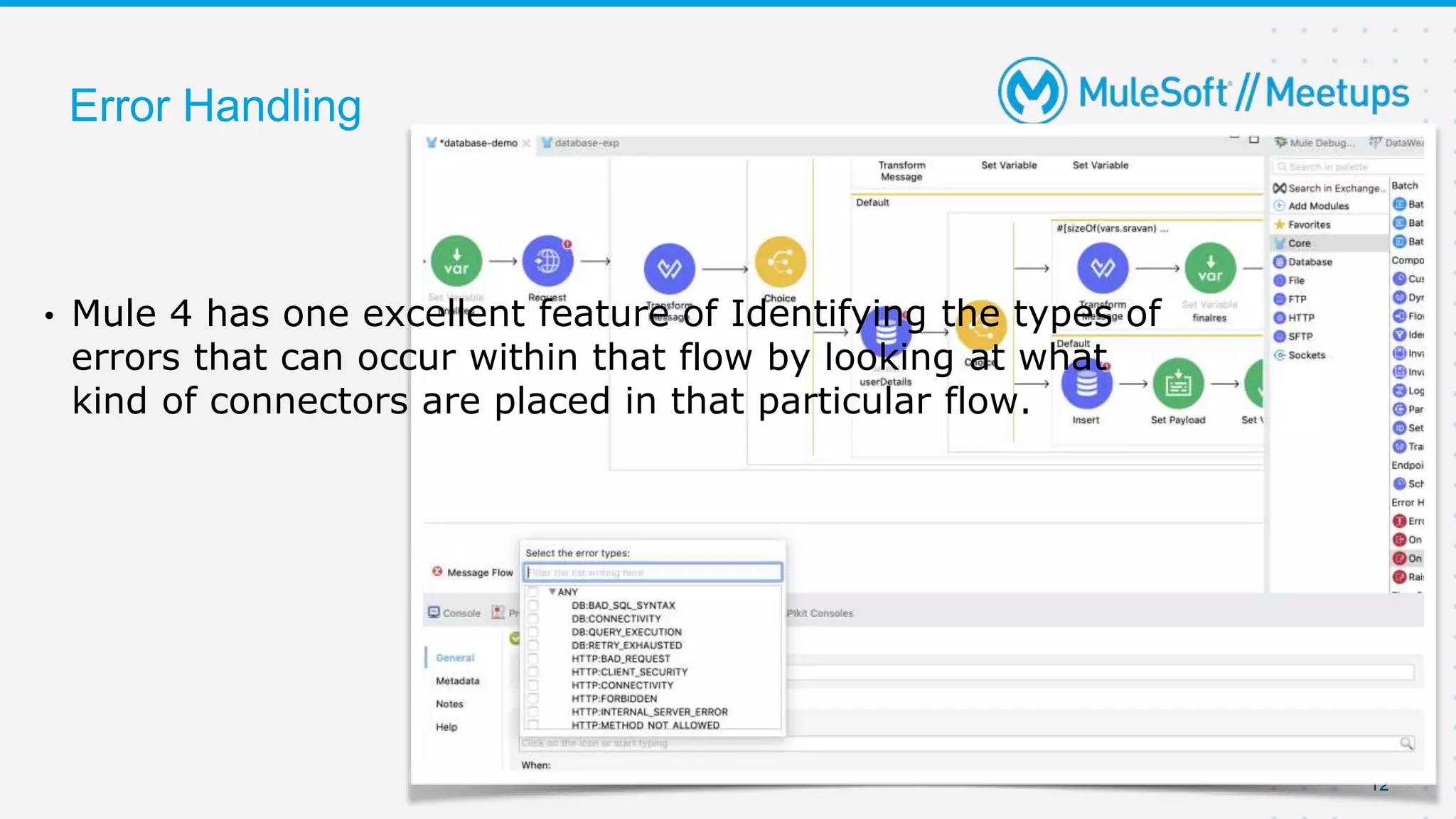 12
Error Handling
• Mule 4 has one excellent feature of Identifying the types of
errors that can occur within that flow by looking at what
kind of connectors are placed in that particular flow.
