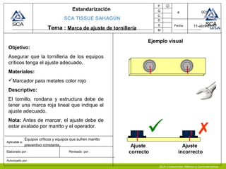SCA Consumidor México y Centroamérica
Estandarización
SCA TISSUE SAHAGÚN
Tema : Marca de ajuste de tornillería
P
Q
C
D
S
M
#
Fecha
Aplicable a:
Elaborado por :
Autorizado por :
11-abril-2010
☺
Ejemplo visual
Equipos críticos y equipos que sufren mantto
preventivo constante.

Ajuste
correcto
Ajuste
incorrecto
Objetivo:
Asegurar que la tornilleria de los equipos
críticos tenga el ajuste adecuado.
Materiales:
Marcador para metales color rojo
Descriptivo:
El tornillo, rondana y estructura debe de
tener una marca roja lineal que indique el
ajuste adecuado.
Nota: Antes de marcar, el ajuste debe de
estar avalado por mantto y el operador.
001
Revisado por :
 