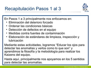 SCA Consumidor México y Centroamérica
Recapitulación Pasos 1 al 3
En Pasos 1 a 3 principalmente nos enfocamos en:
• Eliminación del deterioro forzado
• Ordenar las condiciones básicas
• Detección de defectos en el equipo
• Medidas contra fuentes de contaminación
• Elaboración de estándares de limpieza, inspección y
lubricación
Mediante estas actividades, logramos “Educar los ojos para
detectar las anomalías y verlos como lo que son” y
aprendimos la filosofía y la metodología para realizar los
Kaizens del equipo.
Hasta aquí, principalmente nos apoyamos en los 5 sentidos
para detectar las anomalías.
 