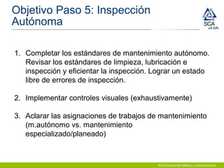 SCA Consumidor México y Centroamérica
Objetivo Paso 5: Inspección
Autónoma
1. Completar los estándares de mantenimiento autónomo.
Revisar los estándares de limpieza, lubricación e
inspección y eficientar la inspección. Lograr un estado
libre de errores de inspección.
2. Implementar controles visuales (exhaustivamente)
3. Aclarar las asignaciones de trabajos de mantenimiento
(m.autónomo vs. mantenimiento
especializado/planeado)
 