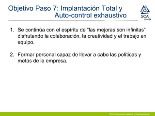 SCA Consumidor México y Centroamérica
Objetivo Paso 7: Implantación Total y
Auto-control exhaustivo
1. Se continúa con el espíritu de “las mejoras son infinitas”
disfrutando la colaboración, la creatividad y el trabajo en
equipo.
2. Formar personal capaz de llevar a cabo las políticas y
metas de la empresa.
 