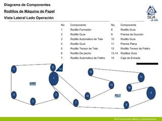 SCA Consumidor México y Centroamérica
Diagrama de Componentes
Rodillos de Máquina de Papel
Vista Lateral Lado Operación
No. Componente
1 Rodillo Formador
2 Rodillo Guía
3 Rodillo Automático de Tela
4 Rodillo Guía
5 Rodillo Tensor de Tela
6 Rodillo De pecho
7 Rodillo Automático de Fieltro
15
No. Componente
8 Rodillo Guía
9 Prensa de Succión
10 Rodillo Guía
11 Prensa Plana
12 Rodillo Tensor de Fieltro
13,14 Rodillos Guía
15 Caja de Entrada
 
