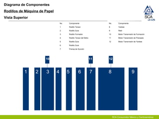 SCA Consumidor México y Centroamérica
Diagrama de Componentes
Rodillos de Máquina de Papel
Vista Superior
No. Componente
1 Rodillo Tensor
2 Rodillo Guía
3 Rodillo Formador
4 Rodillo Tensor del fieltro
5 Rodillo Guía
6 Rodillo Guía
7 Prensa de Succión
No. Componente
8 Yankee
9 Reel
10 Motor Transmisión de Formación
11 Motor Transmisión de Prensado
12 Motor Transmisión de Yankee
1 2 3 4 5 6 7 8 9
10 11 12
 