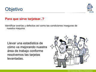 SCA Consumidor México y Centroamérica
Objetivo
Para que sirve tarjetear..?
Identificar averías y defectos así como las condiciones inseguras de
nuestra maquina.
Llevar una estadística de
cómo va mejorando nuestra
área de trabajo conforme
resolvemos las tarjetas
levantadas.
 
