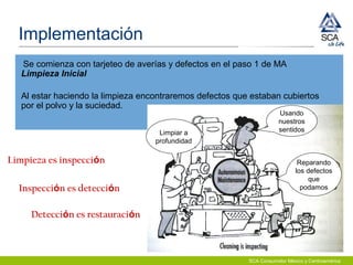 SCA Consumidor México y Centroamérica
Implementación
Se comienza con tarjeteo de averías y defectos en el paso 1 de MA
Limpieza Inicial
Al estar haciendo la limpieza encontraremos defectos que estaban cubiertos
por el polvo y la suciedad.
Limpieza es inspección
Inspección es detección
Detección es restauración
Usando
nuestros
sentidos
Reparando
los defectos
que
podamos
Limpiar a
profundidad
 