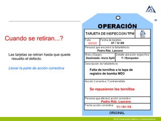 SCA Consumidor México y Centroamérica
Cuando se retiran...?
Las tarjetas se retiran hasta que quede
resuelto el defecto.
Llenar la parte de acción correctiva
07 / 12 /09
Pedro Rdz. Lazcano
Destintado -Vario Split T / Rompedor
Falta de tornillos a la tapa de
registro de bomba MD3
Se repusieron los tornillos
11 / 01 /10
Pedro Rdz. Lazcano
 