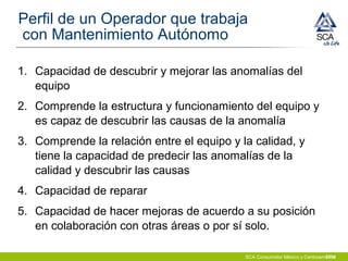 SCA Consumidor México y CentroaméricaTPM
Perfil de un Operador que trabaja
con Mantenimiento Autónomo
1. Capacidad de descubrir y mejorar las anomalías del
equipo
2. Comprende la estructura y funcionamiento del equipo y
es capaz de descubrir las causas de la anomalía
3. Comprende la relación entre el equipo y la calidad, y
tiene la capacidad de predecir las anomalías de la
calidad y descubrir las causas
4. Capacidad de reparar
5. Capacidad de hacer mejoras de acuerdo a su posición
en colaboración con otras áreas o por sí solo.
 