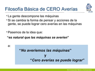 SCA Consumidor México y Centroamérica
La gente descompone las máquinas
Si se cambia la forma de pensar y acciones de la
gente, se puede lograr cero averías en las máquinas
Pasemos de la idea que:
“es natural que las máquinas se averíen”
a:
“No averiemos las máquinas”
y
“Cero averías se puede lograr”
Filosofía Básica de CERO Averías
 