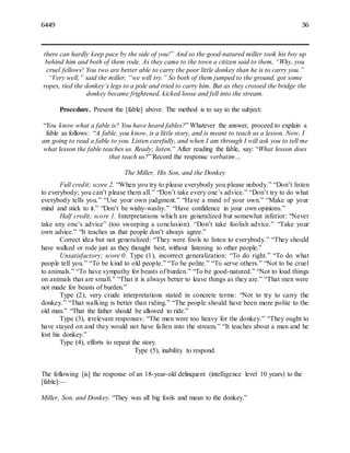 6449 36
there can hardly keep pace by the side of you!” And so the good-natured miller took his boy up
behind him and both of them rode. As they came to the town a citizen said to them, “Why, you
cruel fellows! You two are better able to carry the poor little donkey than he is to carry you.”
“Very well,” said the miller, “we will try.” So both of them jumped to the ground, got some
ropes, tied the donkey’s legs to a pole and tried to carry him. But as they crossed the bridge the
donkey became frightened, kicked loose and fell into the stream.
Procedure. Present the [fable] above. The method is to say to the subject:
“You know what a fable is? You have heard fables?” Whatever the answer, proceed to explain a
fable as follows: “A fable, you know, is a little story, and is meant to teach us a lesson. Now, I
am going to read a fable to you. Listen carefully, and when I am through I will ask you to tell me
what lesson the fable teaches us. Ready; listen.” After reading the fable, say: “What lesson does
that teach us?” Record the response verbatim…
The Miller, His Son, and the Donkey
Full credit; score 2. “When you try to please everybody you please nobody.” “Don’t listen
to everybody; you can’t please them all.” “Don’t take every one’s advice.” “Don’t try to do what
everybody tells you.” “Use your own judgment.” “Have a mind of your own.” “Make up your
mind and stick to it.” “Don’t be wishy-washy.” “Have confidence in your own opinions.”
Half credit; score 1. Interpretations which are generalized but somewhat inferior: “Never
take any one’s advice” (too sweeping a conclusion). “Don’t take foolish advice.” “Take your
own advice.” “It teaches us that people don’t always agree.”
Correct idea but not generalized: “They were fools to listen to everybody.” “They should
have walked or rode just as they thought best, without listening to other people.”
Unsatisfactory; score 0. Type (1), incorrect generalization: “To do right.” “To do what
people tell you.” “To be kind to old people.” “To be polite.” “To serve others.” “Not to be cruel
to animals.” “To have sympathy for beasts of burden.” “To be good-natured.” “Not to load things
on animals that are small.” “That it is always better to leave things as they are.” “That men were
not made for beasts of burden.”
Type (2), very crude interpretations stated in concrete terms: “Not to try to carry the
donkey.” “That walking is better than riding.” “The people should have been more polite to the
old man.” “That the father should be allowed to ride.”
Type (3), irrelevant responses: “The men were too heavy for the donkey.” “They ought to
have stayed on and they would not have fallen into the stream.” “It teaches about a man and he
lost his donkey.”
Type (4), efforts to repeat the story.
Type (5), inability to respond.
The following [is] the response of an 18-year-old delinquent (intelligence level 10 years) to the
[fable]:—
Miller, Son, and Donkey. “They was all big fools and mean to the donkey.”
 