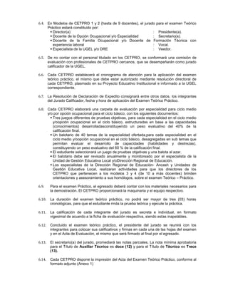 6.4. En Modelos de CETPRO 1 y 2 (hasta de 9 docentes), el jurado para el examen Teórico
Práctico estará constituido por:
 Director(a) : Presidente(a).
 Docente de la Opción Ocupacional y/o Especialidad : Secretario(a).
 Docente de la Familia Ocupacional y/o Docente de Formación Técnica con
experiencia laboral : Vocal.
 Especialista de la UGEL y/o DRE : Veedor.
6.5. De no contar con el personal titulado en los CETPRO, se conformará una comisión de
evaluación con profesionales de CETPRO cercanos, que se desempeñarán como jurado
calificador de la UGEL.
6.6. Cada CETPRO establecerá el cronograma de atención para la aplicación del examen
teórico práctico, el mismo que debe estar autorizado mediante resolución directoral de
cada CETPRO, plasmado en su Proyecto Educativo Institucional e informado a la UGEL
correspondiente.
6.7. La Resolución de Declaración de Expedito consignará entre otros datos, los integrantes
del Jurado Calificador, fecha y hora de aplicación del Examen Teórico Práctico.
6.8. Cada CETPRO elaborará una carpeta de evaluación por especialidad para ciclo medio
y/o por opción ocupacional para el ciclo básico, con los siguientes documentos:
 Tres juegos diferentes de pruebas objetivas, para cada especialidad en el ciclo medio
y/oopción ocupacional en el ciclo básico, estructuradas en base a las capacidades
(conocimientos) desarrolladasconstituyendo un peso evaluativo del 40% de la
calificación final.
 Un balotario de 40 temas de la especialidad ofertada,para cada especialidad en el
ciclo medio y/oopción ocupacional en el ciclo básico, desagregadas en sub temas que
permitan evaluar el desarrollo de capacidades (habilidades y destrezas),
constituyendo un peso evaluativo del 60 % de la calificación final.
 El estudiante seleccionará un juego de pruebas objetivas y una balota al azar.
 El balotario debe ser revisado anualmente y monitoreado por el especialista de la
Unidad de Gestión Educativa Local y/oDirección Regional de Educación.
 Los especialistas de la Dirección Regional de Educación- Ancash y Unidades de
Gestión Educativa Local, realizaran actividades para que los directores de los
CETPRO que pertenecen a los modelos 3 y 4 (de 10 a más docentes) brinden
orientaciones y asesoramiento a sus homólogos, sobre el examen Teórico – Práctico.
6.9. Para el examen Práctico, el egresado deberá contar con los materiales necesarios para
la demostración. El CETPRO proporcionará la maquinaria y el equipo respectivo.
6.10. La duración del examen teórico práctico, no podrá ser mayor de tres (03) horas
cronológicas, para que el estudiante rinda la prueba teórica y ejecute la práctica.
6.11. La calificación de cada integrante del jurado es secreta e individual, en formato
vigesimal de acuerdo a la ficha de evaluación respectiva, siendo estas inapelables.
6.12. Concluido el examen teórico práctico, el presidente del jurado se reunirá con los
integrantes para colocar sus calificativos y firmas en cada una de las hojas del examen
y en el Acta de Evaluación, el mismo que será firmado al final por el egresado.
6.13. El secretario(a) del jurado, promediará las notas parciales. La nota mínima aprobatoria
para el Título de Auxiliar Técnico es doce (12) y para el Título de Técnico es Trece
(13).
6.14. Cada CETPRO dispone la impresión del Acta del Examen Teórico Práctico, conforme al
formato adjunto (Anexo 1)
 