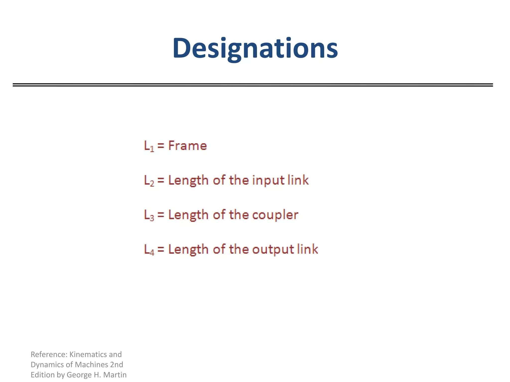 DesignationsReference: Kinematics and Dynamics of Machines 2nd Edition by George H. Martin