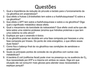 Questões
1. Qual a importância da redução do piruvato a lactato para o funcionamento da
via glicolítica em anaerobiose?
2. Que efeito a frutose 2,6-bisfosfato tem sobre a a fosfofrutoquinase? E sobre a
via glicolítica?
3. Que efeito o APT tem sobre a fosfofrutoquinase e sobre a via glicolítica? Diga
qual o significado metabólico desse efeito.
4. Qual o mecanismo da toxicidade do iodoacetato? Que efeito você acha que ele
teria sobre uma cisteíno protease (enzima que hidrolisa proteínas e que tem
uma cisteína no sítio ativo)?
5. Explique por que o arsenato é tóxico.
6. A via glicolítica pode ser dividida em uma fase composta por hexoses e uma
fase composta por trioses. Do ponto de vista energético, o que difere essas
duas fases?
7. Como fica o balanço final da via glicolítica nas condições de aerobiose e
anaerobiose?
8. Quais os principais pontos de conexão da via glicolítca com outras vias
metabólicas?
9. A bactéria E.coli (coliforme fecal) pode viver na presença ou na ausência de O2.
Sua necessidade por ATP e a mesma em ambos os casos. Diga em que
situação ela vai consumir mais glicose para atender essa necessidade e
explique porquê?
 