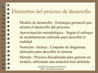 Elementos del proceso de desarrollo Modelo de desarrollo : Estrategia gerencial que orienta el desarrollo del proyecto Aproximación metodológica : Según el enfoque de modelamiento utilizado para describir la realidad Notación / técnica : Conjunto de diagramas utilizados para describir el sistema Metodo : Proceso disciplinado para generar un modelo, utilizando una notación bien definida Introducción Ingeniería de Software - ESPE - Desarrollo de Sistemas 