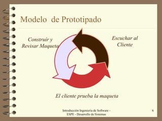 E  Modelo  de Prototipado   Introducción Ingeniería de Software - ESPE - Desarrollo de Sistemas Escuchar al Cliente Construír y Revisar Maqueta El cliente prueba la maqueta 