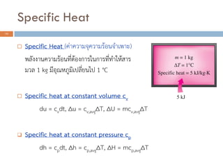 Specific Heat
10
 Specific Heat (ค่าความจุความร้อนจาเพาะ)
พลังงานความร้อนที่ต้องการในการที่ทาให้สาร
มวล 1 kg มีอุณหภูมิเปลี่ยนไป 1 °C
 Specific heat at constant volume cv
du = cvdt, ∆u = cv,avg∆T, ∆U = mcv,avg∆T
 Specific heat at constant pressure cp
dh = cpdt, ∆h = cp,avg∆T, ∆H = mcp,avg∆T
 