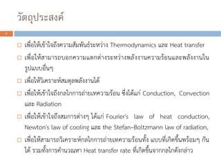 วัตถุประสงค์
 เพื่อให้เข้าใจถึงความสัมพันธ์ระหว่าง Thermodynamics และ Heat transfer
 เพื่อให้สามารถบอกความแตกต่างระหว่างพลังงานความร้อนและพลังงานใน
รูปแบบอื่นๆ
 เพื่อให้วิเคราะห์สมดุลพลังงานได้
 เพื่อให้เข้าใจถึงกลไกการถ่ายเทความร้อน ซึ่งได้แก่ Conduction, Convection
และ Radiation
 เพื่อให้เข้าใจถึงสมการต่างๆ ได้แก่ Fourier's law of heat conduction,
Newton's law of cooling และ the Stefan–Boltzmann law of radiation,
 เพื่อให้สามารถวิเคราะห์กลไกการถ่ายเทความร้อนทั้ง แบบที่เกิดขึ้นพร้อมๆ กัน
ได้ รวมทั้งการคานวณหา Heat transfer rate ที่เกิดขึ้นจากกลไกดังกล่าว
2
 