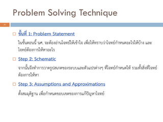 Problem Solving Technique
31
 ขั้นที่ 1: Problem Statement
ในขั้นตอนนี้ นศ. จะต้องอ่านโจทย์ให้เข้าใจ เพื่อให้ทราบว่าโจทย์กาหนดอะไรให้บ้าง และ
โจทย์ต้องการให้หาอะไร
 Step 2: Schematic
จากนั้นจึงทาการวาดรูปสเกตของระบบและตัวแปรต่างๆ ที่โจทย์กาหนดให้ รวมทั้งสิ่งที่โจทย์
ต้องการให้หา
 Step 3: Assumptions and Approximations
ตั้งสมมุติฐาน เพื่อกาหนดขอบเขตของการแก้ปัญหาโจทย์
 